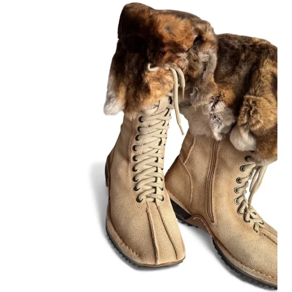 Natural Fur + Shearling-Lined Winter Boots – Tan Suede Lace-Up & Zipper - Picture 3 of 10